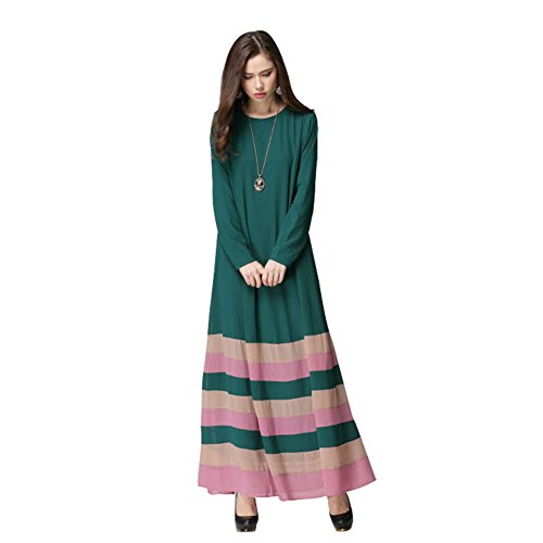 LSERVER Womens Casual Middle East Moslem Traditional Long Sleeve Abaya Colorblock Stripe Chiffon Dress Full Length Atrovirens L