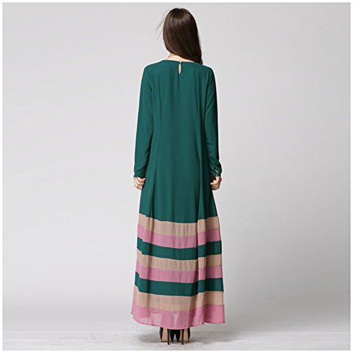 LSERVER Womens Casual Middle East Moslem Traditional Long Sleeve Abaya Colorblock Stripe Chiffon Dress Full Length Atrovirens L