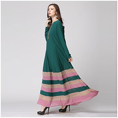 LSERVER Womens Casual Middle East Moslem Traditional Long Sleeve Abaya Colorblock Stripe Chiffon Dress Full Length Atrovirens L