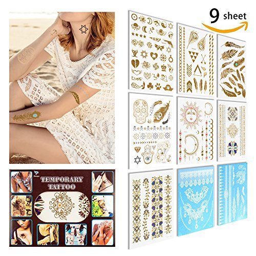 Temporary Tattoo ( 9 SHEET) 2 Change the Color in The Sun+5 Sheet Metallic Gold +2 Sheet Elegant Series White Lace, Non-Toxic, Eco-Friendly, Easy To Apply and Long Lasting