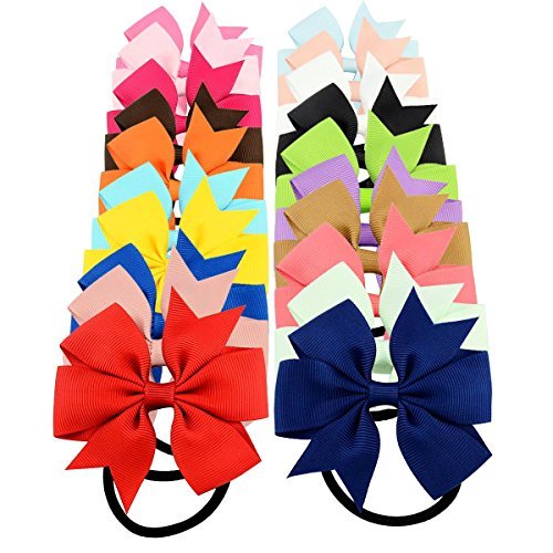 YOY 20 Pcs Fashion Baby Girls Boutique Hair Ties Ponytail Holders - Stretchy Elastic Ropes Rubber Bands Hair Accessories Set with Grosgrain Ribbon Bows for Toddlers Teens Kids