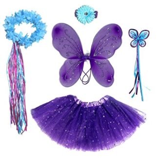 6 Pc Girls Dark Purple & Teal Fairy Set with Wings, Headband, Halo