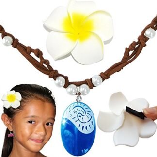Moana Necklace & Flower Hair Clip (Gift Set) - Disney Costume Party Favor Accessories For Girls, Heart of Te Fiti, Blue Pendant, Leather, Pearl for Children Adults Kids Toys Princess Birthday Cosplay
