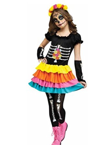 Girls Day Of The Dead Dia de los Muertos Costume (Large 12-14, Multicolor)