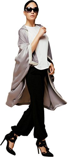 YI HENG MEI Women's Elegant Modest Muslim Islamic Silk Open Front Abaya Jilbab Coat with Hood,Sliver Gray - Image 3