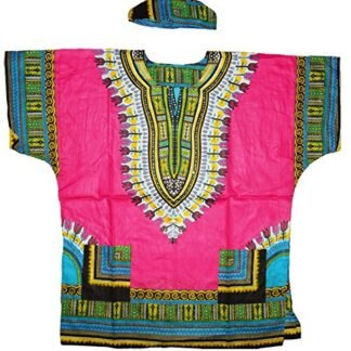 Men’s Traditional African Dashiki Shirt & Matching Cap Set (Pink/Blue/White)