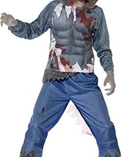Smiffy’s Tween Boy’s Deluxe Wolf Warrior Costume, Hooded Top and Trousers, Serious Fun, Color: Grey and Blue, Ages 12+, 44296