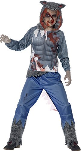 Smiffy’s Tween Boy’s Deluxe Wolf Warrior Costume, Hooded Top and Trousers, Serious Fun, Color: Grey and Blue, Ages 12+, 44296