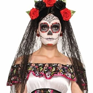 74922 Day Of The Dead Black Veil With Flowered Headband