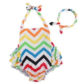 Wave Cotton Floral Ruffles Baby Girl Costumes Rompers Dress With Headband (2-4 Years,Rainbow)