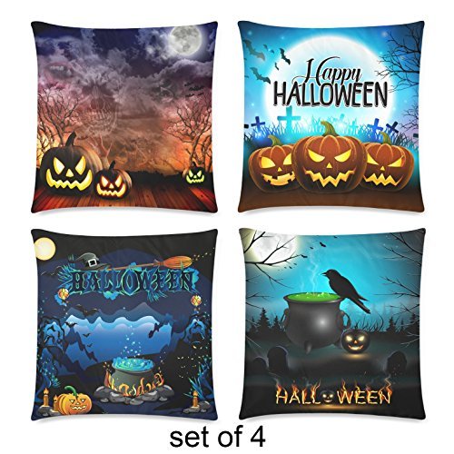 InterestPrint Custom 4 Pack Halloween Night Skull Ghost Throw Pillow Case Covers 18×18 Twin Sides, Halloween Pumpkin Cotton Zippered Cushion Pillowcase Set Home Decor
