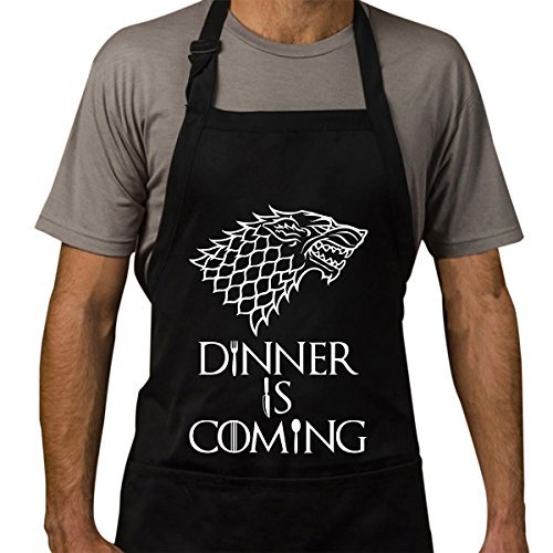 Famgem Grill Aprons Dinner is Coming Professional for BBQ, Bake, Cooking- Inspired Game of Kitchen Novetly GOT Chef Gift Handcraft 100% Cotton, 3 Pockets, Adjustable Neck Strap, Black