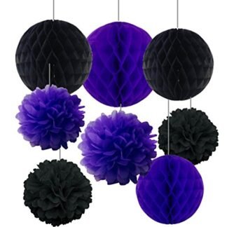 SUNBEAUTY Pack of 8 15/20cm Halloween Decoration Orange Black Honeycomb Balls Tissue Paper Pom Poms Halloween Accessory Party Decoration (Black Purple)