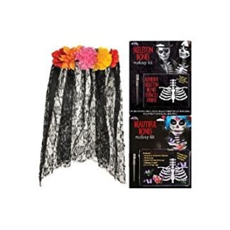 Day Of The Dead Women Costume Veil And Beautiful Bones Makeup Set