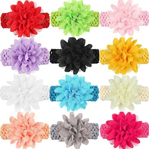 Qandsweet Baby Girl's Headbands Huge Chiffon Flower 5-inch (12 Pack)