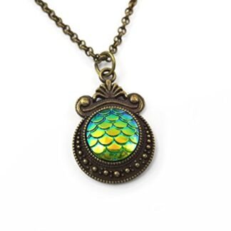 Dragons Scale Color Changing Green Necklace Charm in Antique Bronze 18 in Mermaid Scale Jewelry