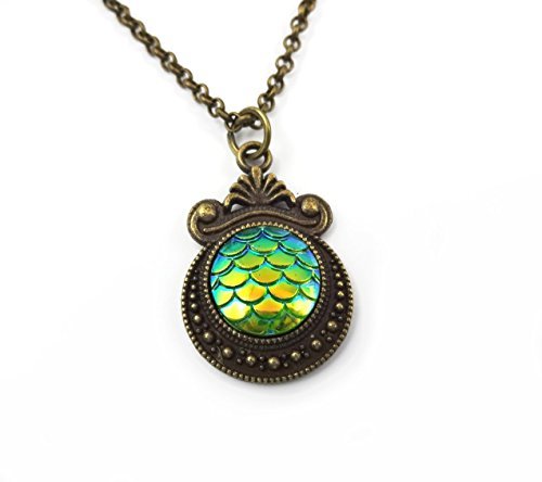 Dragons Scale Color Changing Green Necklace Charm in Antique Bronze 18 in Mermaid Scale Jewelry