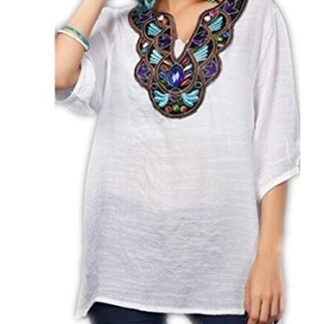 Aimur Women's Slub Cotton Hand Embroidered Boho Dashiki Blouse Top Tunic White