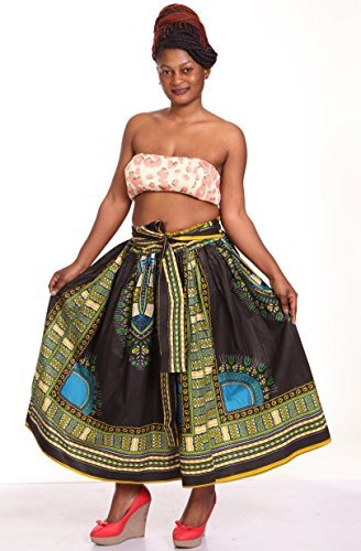 African Planet Womens Dashiki Wax Skirt Ghana Inspired Elasticized Knee Length Tie (Black & Blue) - Image 2
