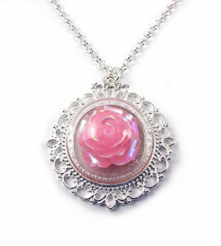 Soft Pink Rose Glass Dome Necklace 20 in Fairy Tale Beauty and the Beast Wedding Jewelry