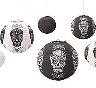 Amscan Day of the Dead Halloween Party Sugar Skull Round Hanging Lantern (Pack of 6), Black/White, 11 3/4"