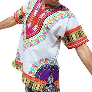RaanPahMuang Brand Unisex Bright White Cotton Africa Dashiki Shirt Plain Front, Large, White Multicoloured Pink