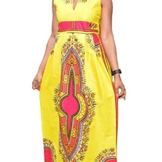 Moxeay Women Tribal African Floral Print Long Dashiki Dress (Medium, Yellow)