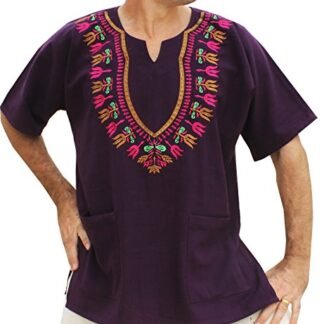 RaanPahMuang Brand Mens Shirt Muang Cotton Embroidered Dashiki Art, Large, Purple