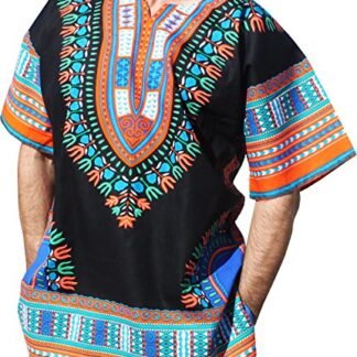 RaanPahMuang Brand Unisex Bright Black Cotton Africa Dashiki Shirt Plain Front, Small, Black Orange