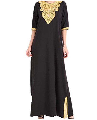 SportsX Womens Islamic Lace Patchwork Long Maxi Drerss Muslim Abaya Black S