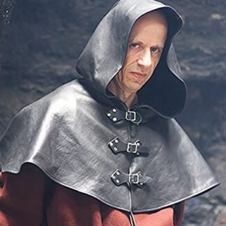 MEDIEVAL-GOTHIC-Pagan-LARP-Steampunk-Cosplay-Game Of Thrones-EXECUTIONER- RICH BLACK LEATHER HERO HOOD WITH BUCKLE DETAIL