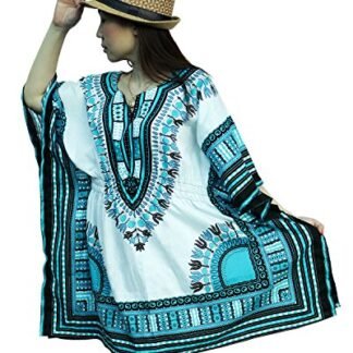 Ornatcha Pha Fai African Traditional Dashiki Dress (White and light Blue)