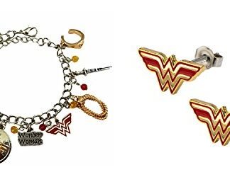 J&C Family Owned Comic Book Theme The Amazonian Wonder Woman Logo Bracelet and Wonder Woman Studs Earrings 2-Pack Bracelet and Earring Gift Sets /Gift Wrapped
