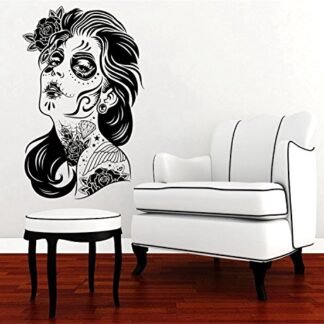 YINGKAI Happy Halloween Skull Girl Face Tattoo Hair Makeup Salon Studio Zombie Fashion Living Room Vinyl Carving Wall Decal Sticker for Halloween Party Home Window Decoration