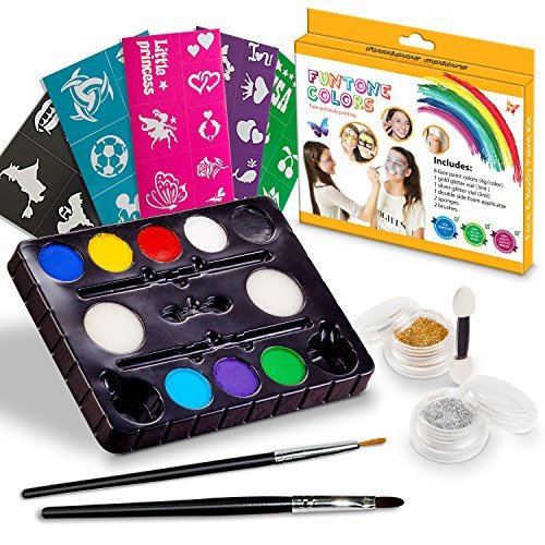 Face Paint Kits. Free 40 Stencils Included. Use for Body Painting, Birthday, Halloween ,fan Sports or Kids Makeup Parties.Our Face Painting Contains Palette 8 Colors, Glitter,Brushes & Sponges