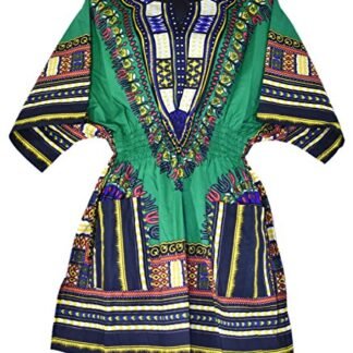 Womens Dashiki Dress Mini Cotton Shirt Elastic Waist Traditional wear Bright Colors (Green)