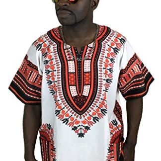 Dashiki Shirt African Caftan Unisex Large Size White and Reddish