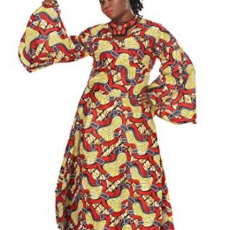 African Planet Women's V-neck Wrap Around Dress Printed Wax Bell Sleeves (Red & Yellow)