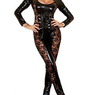 Fashion Queen Women Sexy Floral Lace Catsuit Hollow Out Jumpsuit Black Catwoman Cosplay Costume (One Size, Black)