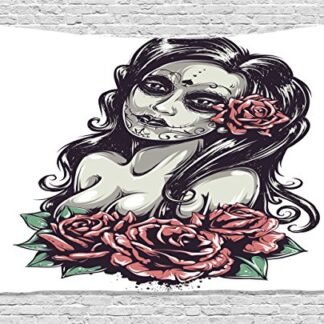 Ambesonne Girly Decor Collection, Dead Sexy Girl with Roses Mexican Sugar Skull Makeup Aztec Culture Goddess Zombie Concept, Bedroom Living Room Dorm Wall Hanging Tapestry, 80 X 60 Inches, Black Pink