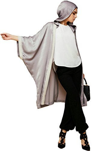 YI HENG MEI Women's Elegant Modest Muslim Islamic Silk Open Front Abaya Jilbab Coat with Hood,Sliver Gray - Image 5
