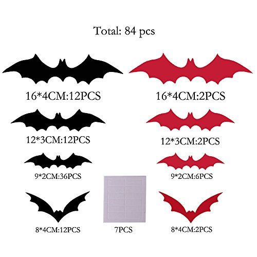 Teenitor DIY Halloween Party Supplies PVC 3D Decorative Scary Bats Wall Decal Wall Sticker, Halloween Eve Decor Home Window Decoration Set, (72 Black + 12 Red)