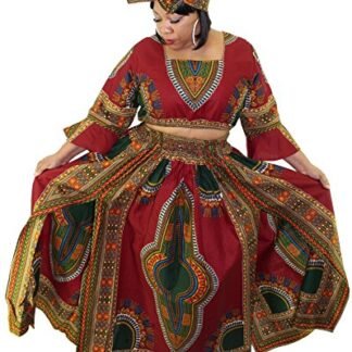 African Planet Women's 3 PC set Crop Top High Slit Elastic Waist Skirt headwrap (Red)