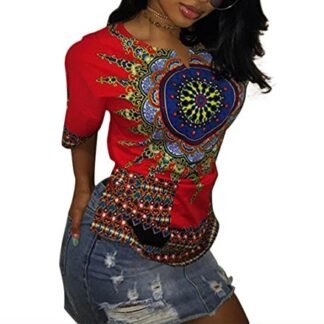 Womens Dashiki T Shirt Short Sleeve Traditional African Tribal Casual Tee Tops S Red