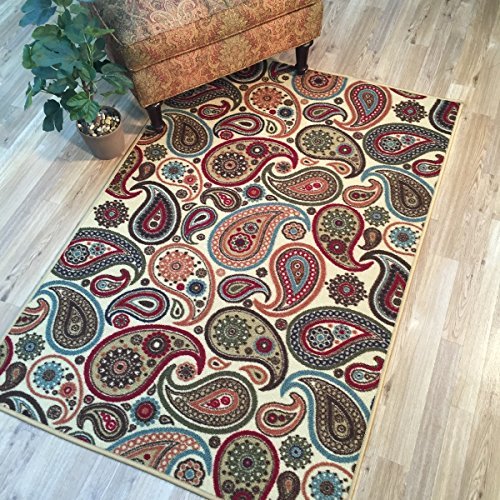 Anti-Bacterial Rubber Back AREA RUGS Non-Skid/Slip 3×5 Floor Rug | Ivory Paisley Floral Indoor/Outdoor Thin Low Profile Living Room Kitchen Hallways Home Decorative Traditional Rug - Image 2