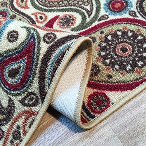Anti-Bacterial Rubber Back AREA RUGS Non-Skid/Slip 3×5 Floor Rug | Ivory Paisley Floral Indoor/Outdoor Thin Low Profile Living Room Kitchen Hallways Home Decorative Traditional Rug - Image 4