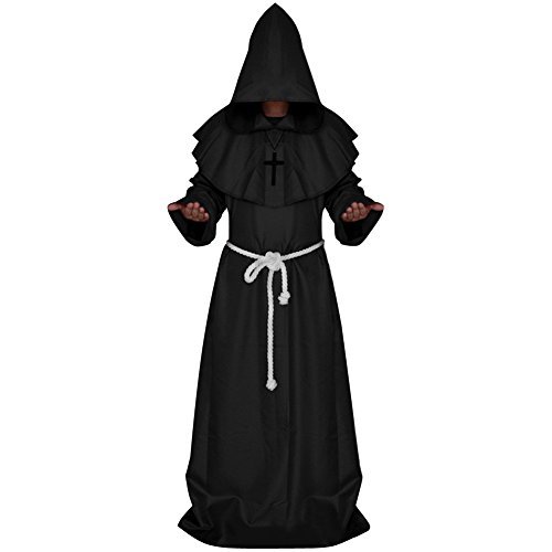 Riveroy Men’s Medieval Monk Robe Pastor Halloween Hooded Cape Costume Cloak XL Black