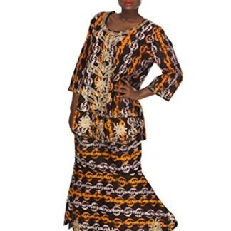 African Planet Women's Printed Wax Drawstring Flared Skirt Tribal Brown Ankara