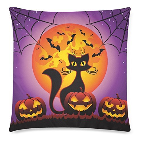 InterestPrint Happy Halloween Home Decor, Cat and Halloween Pumpkins Full Moon Pillowcase 18 x 18 Inches – Purple Pillow Cover Case Shams Decorative