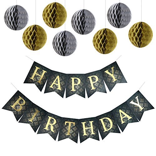 Black Happy Birthday Banner with 8 Tissue Paper Pom Pom Balls - Premium Quality Bunting Banner With Shiny Gold Letters - Party Supplies - Beautiful Birthday Party Decorations for Kids and Adults